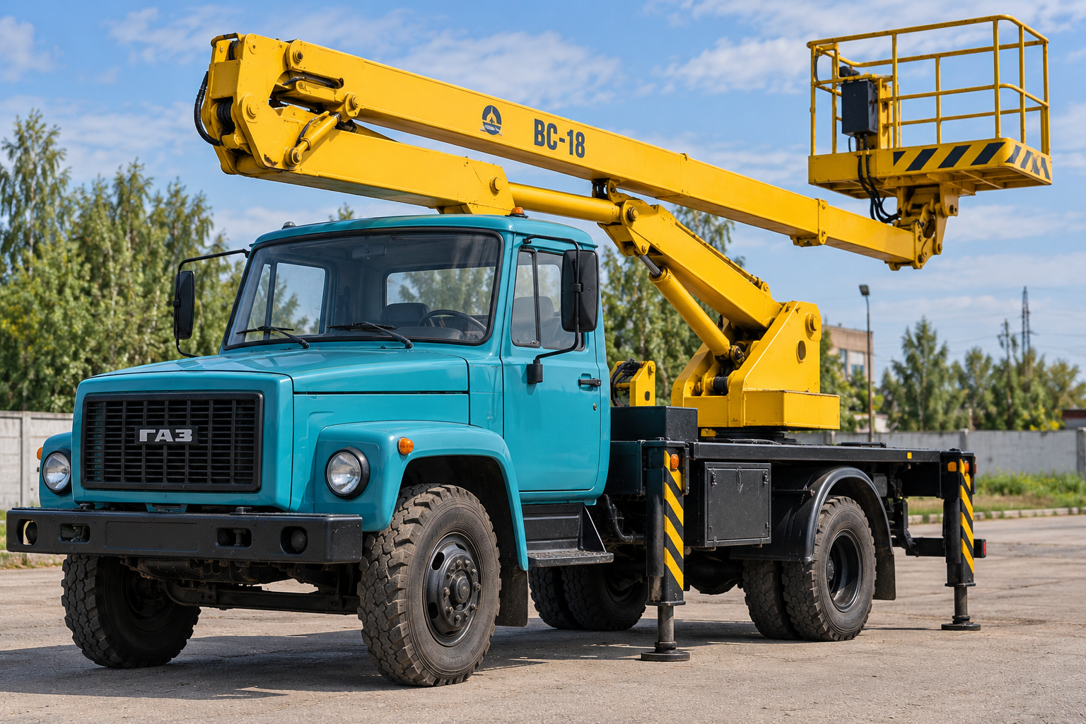 Автовишка ВС-18 на шасі ГАЗ із синьою кабіною та жовтою стрілою